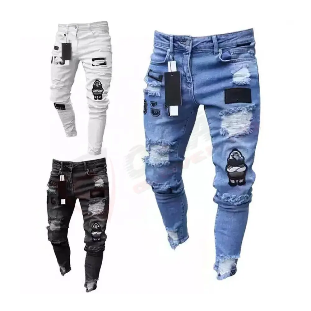 Мужские 2021, Новые повседневные модные рваные джинсы с вышивкой, брюки-карандаш, уличная одежда, повседневные облегающие эластичные джинсовые брюки