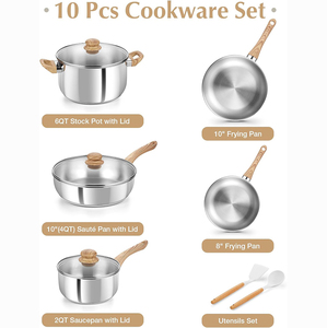 Juego de Utensilios de Cocina de Acero Inoxidable de 6 Piezas con Tapa de Vidrio, Mango de Madera Suave al Tacto, Compatible con Gas e Inducción, Apto para Lavavajillas y Horno - Product Image 2
