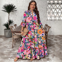Robe longue d'été pour femme, style bohème, imprimé floral, col en V, manches 3/4 cloche, à volants, décontractée et fluide, pour la plage et les vacances