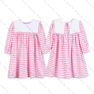 लड़कियों के लिए कढ़ाई वाली गुलाबी धारीदार बिब बेबी टॉडलर्स लड़कियों की पोशाकें थोक पतझड़ लंबी आस्तीन वाली झालरदार बच्चों की पोशाक