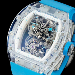 Reloj de pulsera para hombre con correa de caucho blanca, cristal y tourbillon, reloj mecánico esqueleto con forma de tonneau - Product Image 2