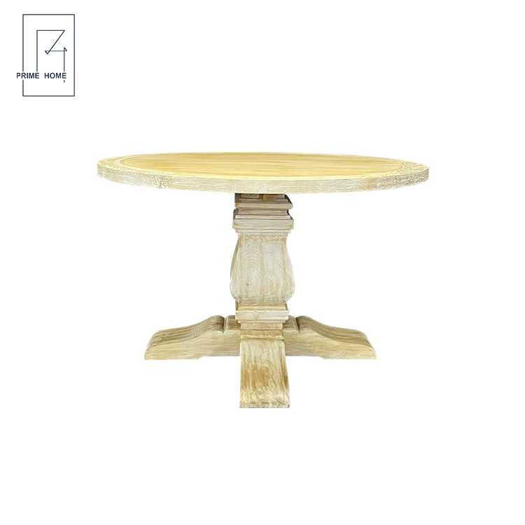 Farmhouse oak wood round trestle pedestal dining table