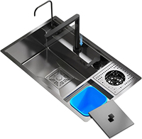 Évier de cuisine multifonctionnel en acier inoxydable à cuve unique avec cascade, lave-tasses et purificateur d'eau, noir moderne