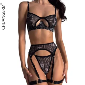 CHUANGERM In Stock Woman Fashion 2024 Snake Pattern Mesh Hollowed Out Front Buckle 4pcs Lingerie Erotique Pour Femmes