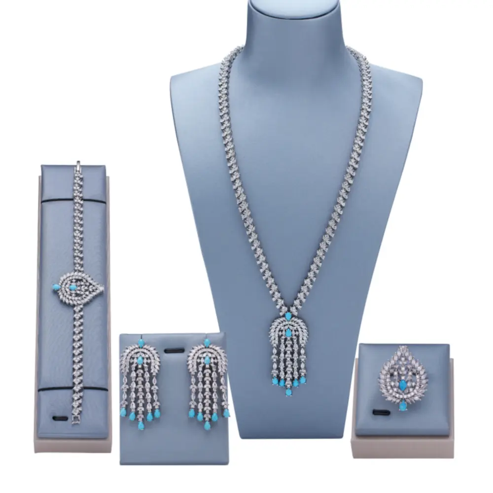 Brass Zirconia Jewelry Set Four Pieces Bridal Wedding Jewelry Set Luxury Turquoise Necklace and Earrings Set