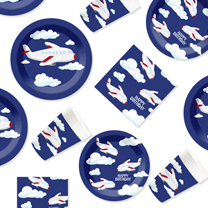 Ensemble de vaisselle de fête DAMAI, design avion bleu foncé, assiettes en papier, gobelets, serviettes, décorations joyeux anniversaire, vaisselle jetable - Product Image 5