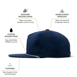 للبيع بالجملة قبعة بيسبول زرقاء للجنسين من 5 أجزاء للاستخدام في الأداء مع رقعة مطاطية مخصصة بتصميم خارجي مفرغ بحافة ليزر