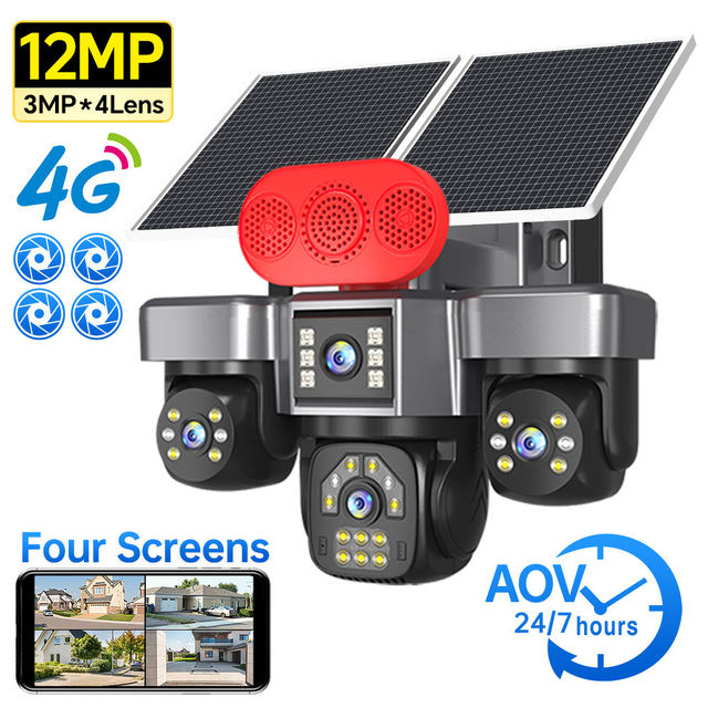4 Lens 4 Screens AOV 24 Hours Recording HD 10K 20MP 4G Sim Card Solar Outdoor IP Surveillance CCTV Security PTZ Network Cameras