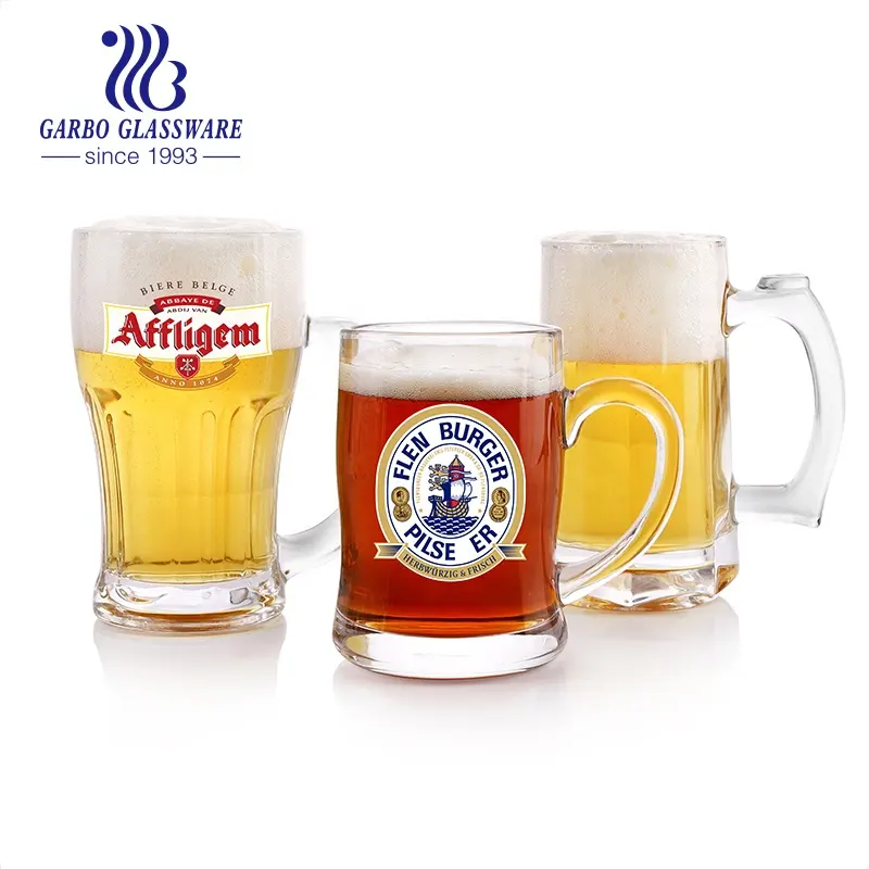 Çin cam üretimi yüksek kaliteli 12 oz süblimasyon cam bira kupası özel logo bira bardakları saplı