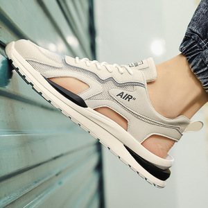 Sandales plates d'été pour hommes avec lacets, semelle souple en maille beige, pour adolescents, décontractées, sportives, pour la conduite et la plage - Product Image 1