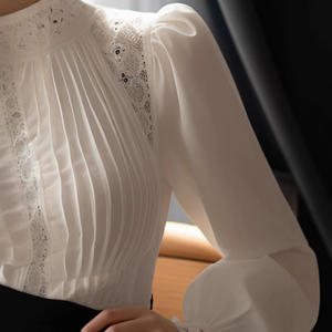 Camicette in tinta unita da donna bianca RNSHANGER con colletto alto alla moda pendolarismo arricciato in <span class=keywords><strong>pizzo</strong></span> con cave a maniche lunghe - Product Image 4