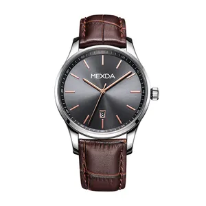 Mexda Hot Sale Custom Logo 5ATM Water Resistant Sunray Dial Japan Movement Stainless Steel Case Black Leather Men's Watch