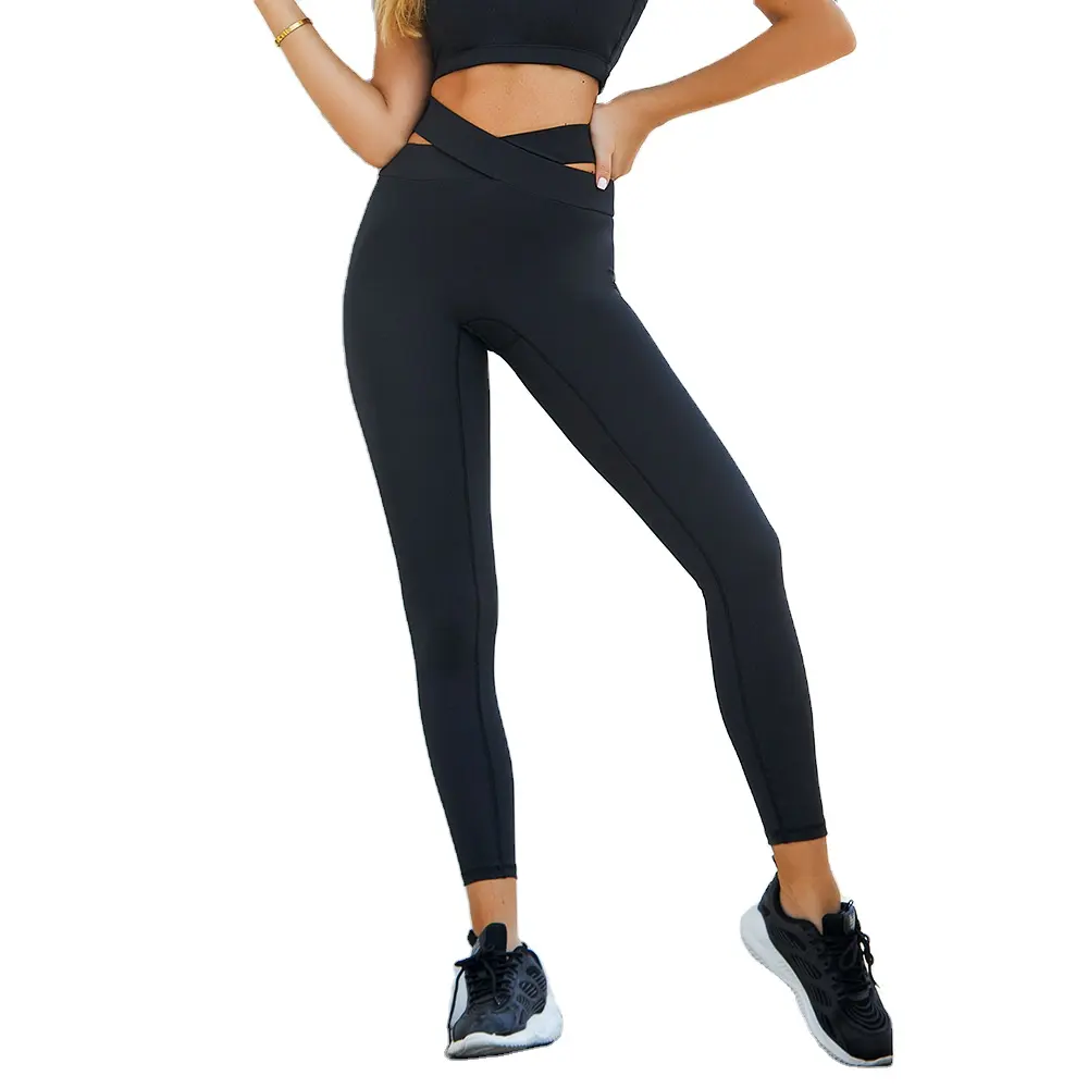Custom logo ladies gym wear fitness cross waist tight pants high-waisted butt-lifting running fitness cotton leggings for women