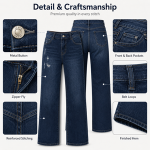 Jeans a Vita Alta e Gamba Larga in Denim Strappato per Donna, Stile Casual e Comodo, Lunghezza Intera, Blu, in Cotone, Stile Autunnale - Product Image 4