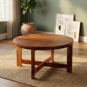 Industrial & Vintage Durable Solid <b>Oak</b> Round Coffee Table with Metal <b>Frame</b> for Home Living Room Furniture - Product Image 3