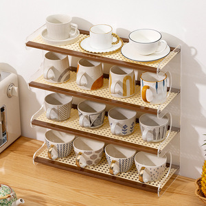 Portavasos multicapa para el hogar, estante de almacenamiento de tazas/vasos estilo ratán para escritorio, cafetera sencilla para cocina. - Product Image 1