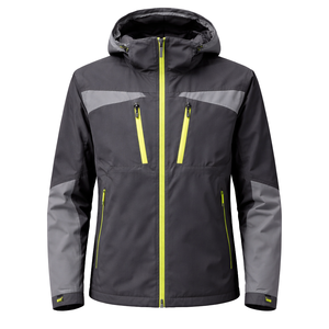 Veste de ski imperméable à capuche pour homme, style sportif bicolore avec fermeture éclair, gris et vert lime - Product Image 1