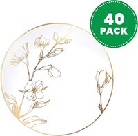40 pièces de vaisselle jetable en plastique de 7,5 pouces avec bordure dorée et motif floral, sans BPA, approuvée par la FDA, pour mariage, fête, anniversaire, enterrement de vie de jeune fille