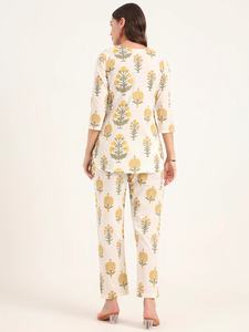 Wholesale Price 3/4 Sleeve Floral Cotton Pajama Set Hand Block Print Sleepwear Women's Nightwear Solid Colour Available - Product Image 2