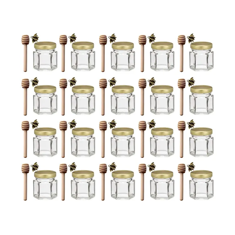 Custom 1.5 oz Hexagon Mini Glass Honey Jars with Wooden Dipper