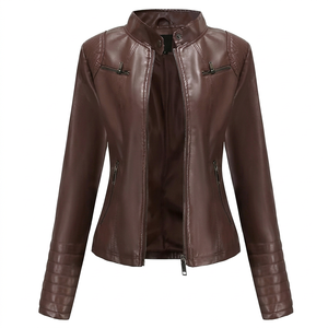 Elegante Chaqueta de Motocicleta Reversible de Piel de Oveja para Mujer, Impermeable, Ecológica, para Invierno, Color Marrón Sólido - Product Image 1