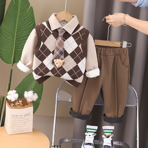 Costume trois pièces tendance pour garçons Yifan, style anglais, en polyester/coton, avec cravate à motif écossais, pendentif ours, <span class=keywords><strong>pull</strong></span>, jupe et <span class=keywords><strong>pantalon</strong></span> - Product Image 2