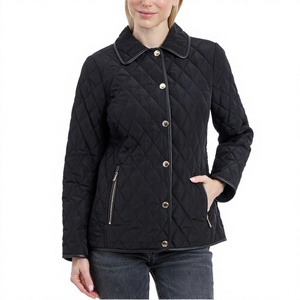 Women's Black Quilted Jacket Peter Pan Collar Single Breasted <b>Button</b> Closure Autumn <b>Coat</b> - Product Image 2