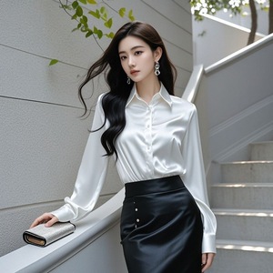 Chemisier Professionnel <span class=keywords><strong>Femme</strong></span> à Manches Longues et Col en Satin - Product Image 6