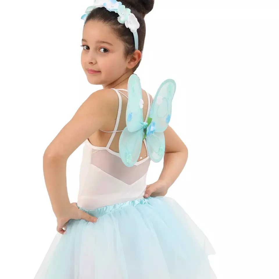 Kids Cyan Mesh Birthday Half Body Prom Skirt Waist Floral Ribbon Tutu Skirt Wings Carniral Wholesale Fairy Skirt Costume