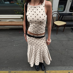 Ensemble de débardeur sans manches à pois et jupe sirène de style INS pour femmes |   Tenue décontractée chic française en deux pièces - Product Image 6
