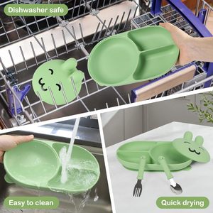 Assiette à ventouse en silicone en forme d'escargot pour bébé avec 3 compartiments séparés et ensemble cuillère-fourchette pour un usage quotidien - Product Image 4
