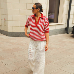 Polo de Punto a Rayas Rojas y Blancas para Mujer, Manga Corta, Ropa de Trabajo Informal 2026 - Product Image 2