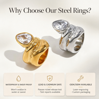 Bague en acier inoxydable double couche avec zircon en forme de goutte d'eau, vente en gros, bagues plaquées or pour femmes