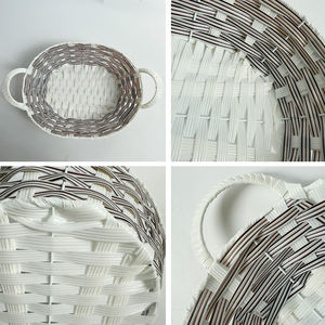 PP Rattan Aufbewahrung skorb für Früchte Snacks Spielzeug Bücher Handtuch behandelt Ovaler Eisen rahmen Hand gefertigter Kunststoff Weidenkorb Grau Weiß - Product Image 5