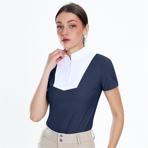 Vente en gros de chemises d'équitation pour femmes à manches courtes, dos en tissu maillé, deux couleurs, vêtements d'équitation avec boutons - Product Image 1