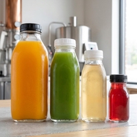 Bouteille en verre transparent avec bouchon à vis, style rond ou carré, pour l'emballage de jus, café et thé