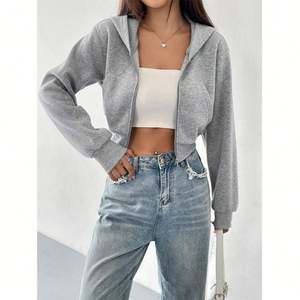 Sweat à capuche court à fermeture éclair pour femme Sweat à capuche à manches longues couleur unie - Product Image 2