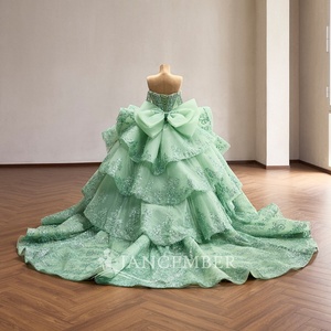 Rsm261134 Elegant Off Shoulder Heavy Beaded Glitter Fabric Tiered Ruffle <b>Mint</b> Ball Gown Quinceanera <b>Dress</b> Prom Jancember - Product Image 3