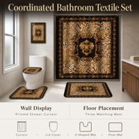 Ensemble de rideau de douche léopard 4 pièces, décoration de salle de bain de luxe noir et or avec rideau imprimé et tapis, motif médaillon doré orné