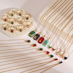 Conjunto de collar y anillo de acero inoxidable con forma geométrica, chapado en oro de 18k, con circonitas, accesorio de moda para uso informal. - Product Image 4
