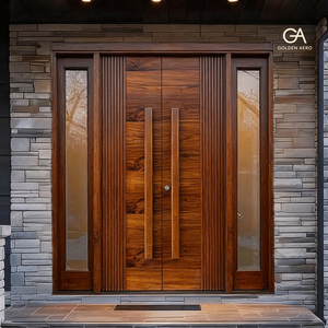 Puerta de Entrada Doble Clásica de Madera Maciza para Exterior con Paneles Laterales de Vidrio y Diseño de Franjas Decorativas GA-51S Villa Manual Swing - Product Image 4