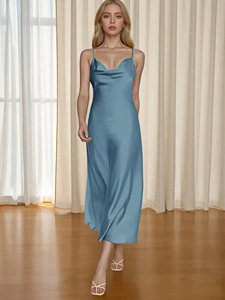 Europe Amérique pour <span class=keywords><strong>Amazon</strong></span> Nouvelle jupe en satin d'acide acétique pour femmes transfrontalières Robe longue sexy à bretelles françaises avec motif solide - Product Image 3