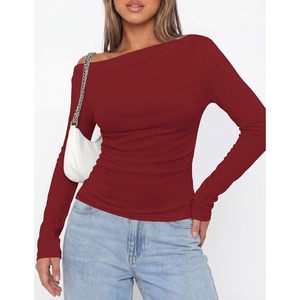 Off The Shoulder <b>Top</b> For Women Long Sleeve Fitted Ribbed Ruched Y2K Style Casual Wear - Product Image 3