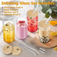 Vaso de Vidrio Transparente de Borosilicato de Alta Calidad de 12oz/16oz con Tapa de Bambú y Pajita, Apto para Microondas y Lavavajillas