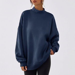 Sudadera Oversize de Cuello Alto para Mujer, Azul Marino, de Algodón Tejido, Manga Larga, con Estampado de Letras Personalizado, Ropa Casual de Otoño - Product Image 1