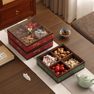Caja de Madera Estilo Chino para Frutos Secos, Doble Capa, Cuatro Compartimentos, Bandeja Rectangular para Dulces y Bocadillos, Tipo Vertical, 1-3L - Product Image 2