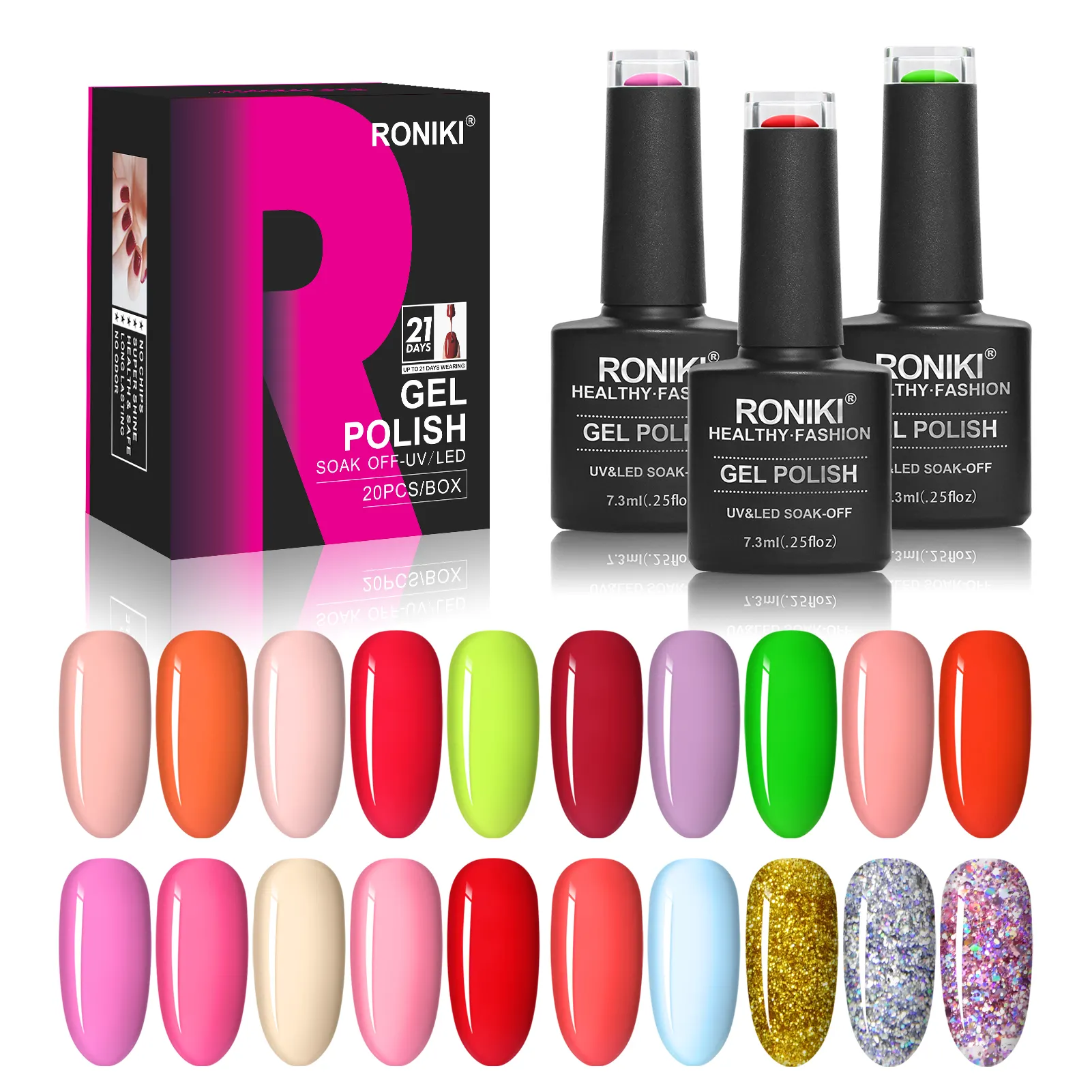 RONIKI gel pour ongles à paillettes couleurs en gros marque privée kit de gel uv professionnel tremper très bon ensemble de vernis à ongles gel uv