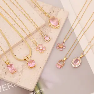 Hot Selling Pink Zircon Necklace Delicate Cute Stainless Steel Pink Rhinestone Necklace Jewellery