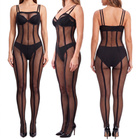 Promotion : Bodystocking sexy à rayures verticales en résille, entrejambe ouvert, dos nu, sans bretelles, en maille transparente noire, vente en gros