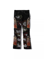 Pantalon en jean empilé style streetwear hip-hop pour homme, coupe évasée délavée avec broderies flamme et patchs